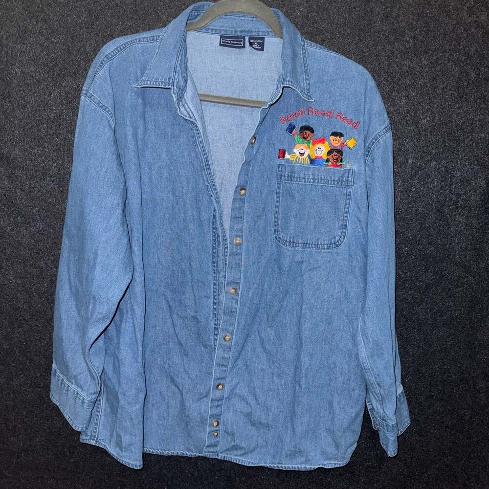 Vintage Cross Country Denim Button-Down Shirt with Embroidered Read! Design